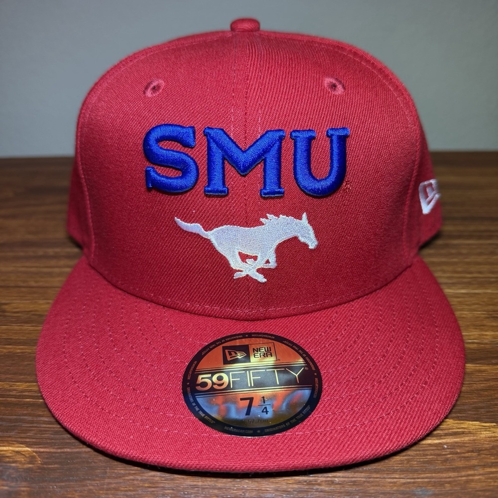 New Era SMU Mustangs Red Fitted Hat Size 7 1/4 59FIFTY NCAA Cap NEW